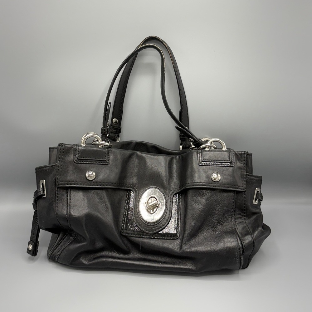 COACH 14522 PEYTON BLACK LEATHER CARRYALL HANDBAG WITH SILVER HARDWARE